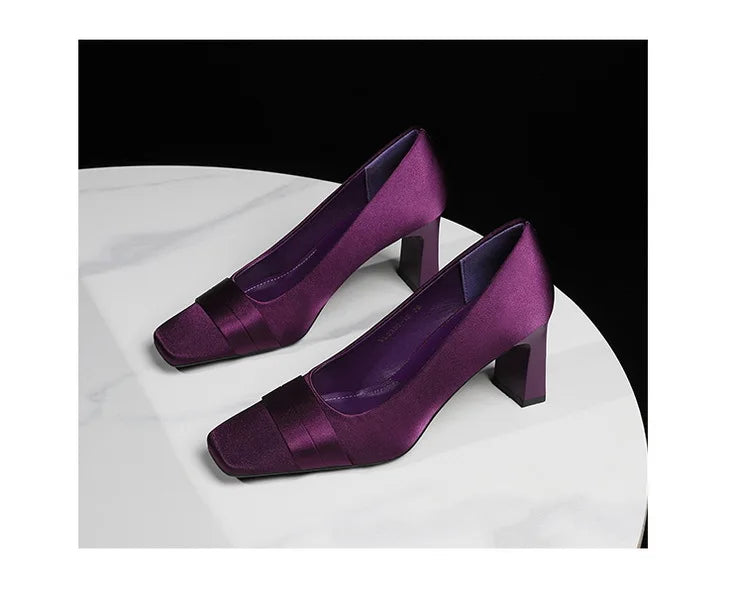 Elegant Satin High Heels Square Toe Slip-On Chunky Heel Comfortable Women's Shoes for Party Fashion Footwear Summer Autumn
