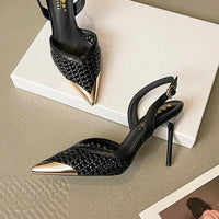 Elegant Hollow Out Woven Stiletto Sandals Women Pointed Toe Metal Straps High Heels