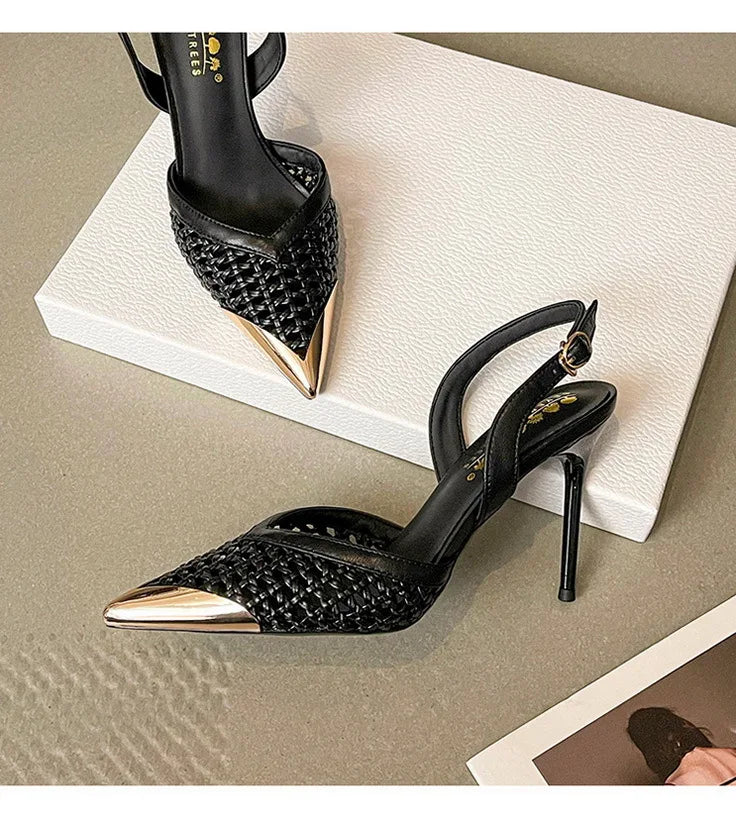 Elegant Hollow Out Woven Stiletto Sandals Women Pointed Toe Metal Straps High Heels