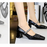 Heels Women Fashion CRYSTAL Pearl Pumps Square Toe Stripper Elegant Party Square Heel Ladies Shoes