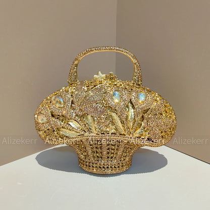 Flower Basket Crystal Evening Bags Women Luxury Designer Elegant Bling Rhinestone Metallic Clutch Purses Wedding Party