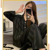 Striped Satin Pajamas Women Jacquard Loungewear Long Sleeve Trousers Two-Piece Set Solid Color Roll-Neck Cardigan Sleepwear