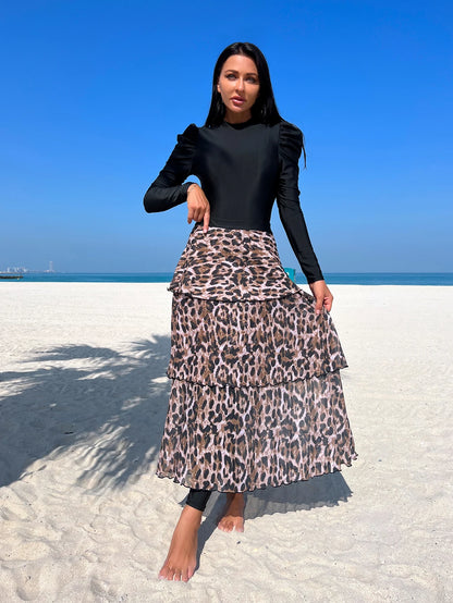 3pcs Muslim Burkini Modest swimsuit Black Long Sleeved Ladies Swimwear with Long Leopard Printed Dress beach swimsuit