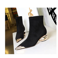 Street Style Fur Metal Hollow Heel Modern Faux Suede Short Boots for Women Metal Pointed Toe Low Heel Boots Female