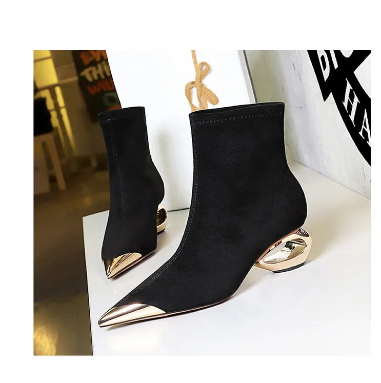 Street Style Fur Metal Hollow Heel Modern Faux Suede Short Boots for Women Metal Pointed Toe Low Heel Boots Female