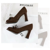 Chunky Block Heels Women Pumps Bow Decoration High Heels Square Headed Platform High Heels Suede Ladies Shoes
