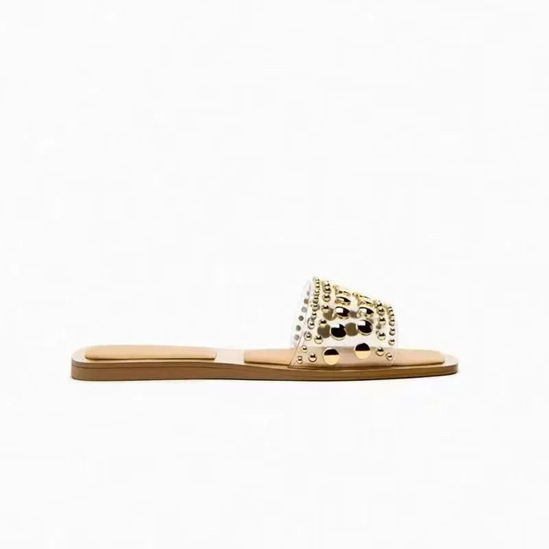 Women's Shoes PVC Transparent Riveted Casual Flat Open Toe Beach Slides Trend Brand Design Big Size Ladies Slippers - Natalia Home Fashion
