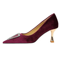 Designer Women Heels Prom Pumps Lady Velvet Pointed Toe 7cm Thin High Heels Pearl Crystal Buckle Shoes