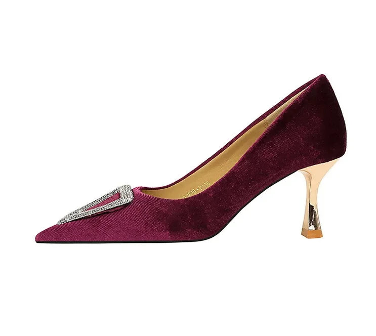 Designer Women Heels Prom Pumps Lady Velvet Pointed Toe 7cm Thin High Heels Pearl Crystal Buckle Shoes