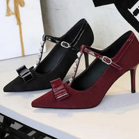 Banquet Bow Rivet T-button Pointed Head High Heel Women's Single Shoes