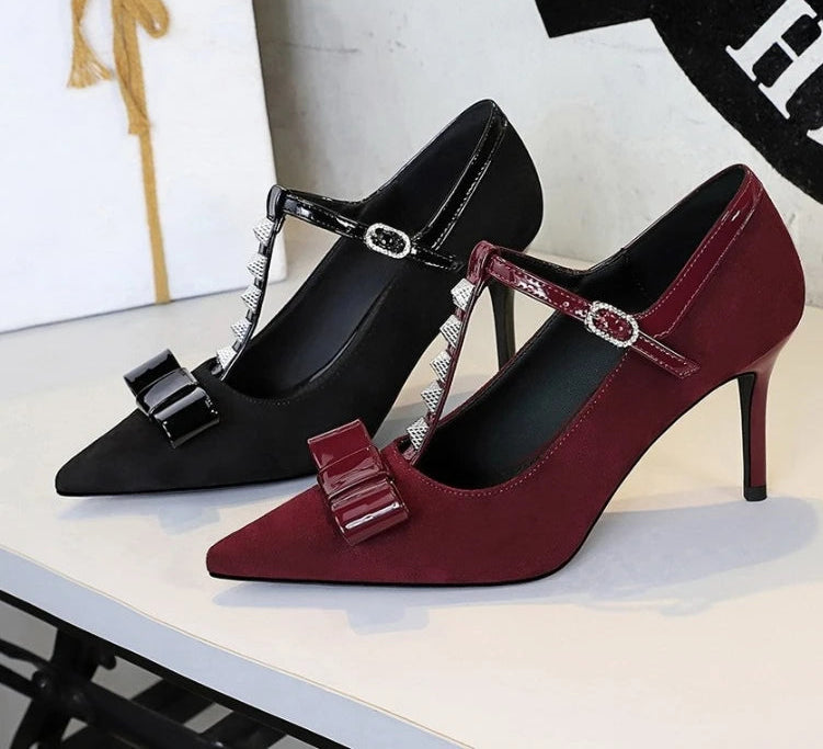Banquet Bow Rivet T-button Pointed Head High Heel Women's Single Shoes