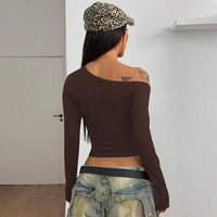 Casual Skew Collar Long Sleeve T-Shirts Women Solid Slim Pullovers Tees Shirts Female Basic Black Crop Top
