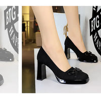 Chunky Block Heels Women Pumps Bow Decoration High Heels Square Headed Platform High Heels Suede Ladies Shoes