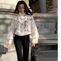 Luxury Fashion Jacquard See-through Shirts Women 3D Flower Long Sleeve Blouse Patchwork Tops Loose Design Lady Outerwear