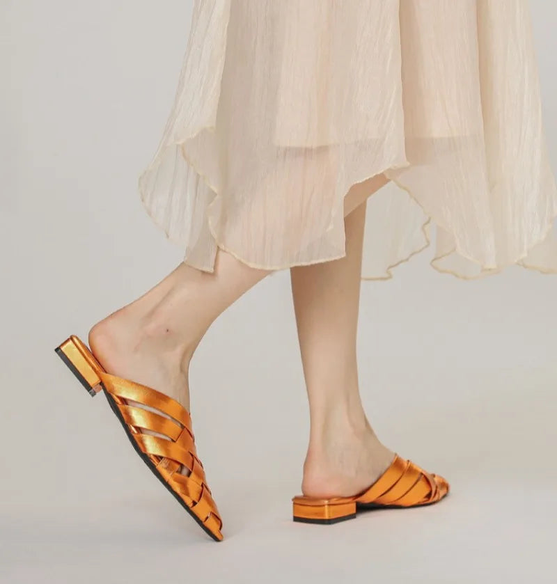 Hollow Woven Pointed Cool Slippers Women's Summer Thick Heel Outer Wear Bag Head Half Slippers Women Sandals