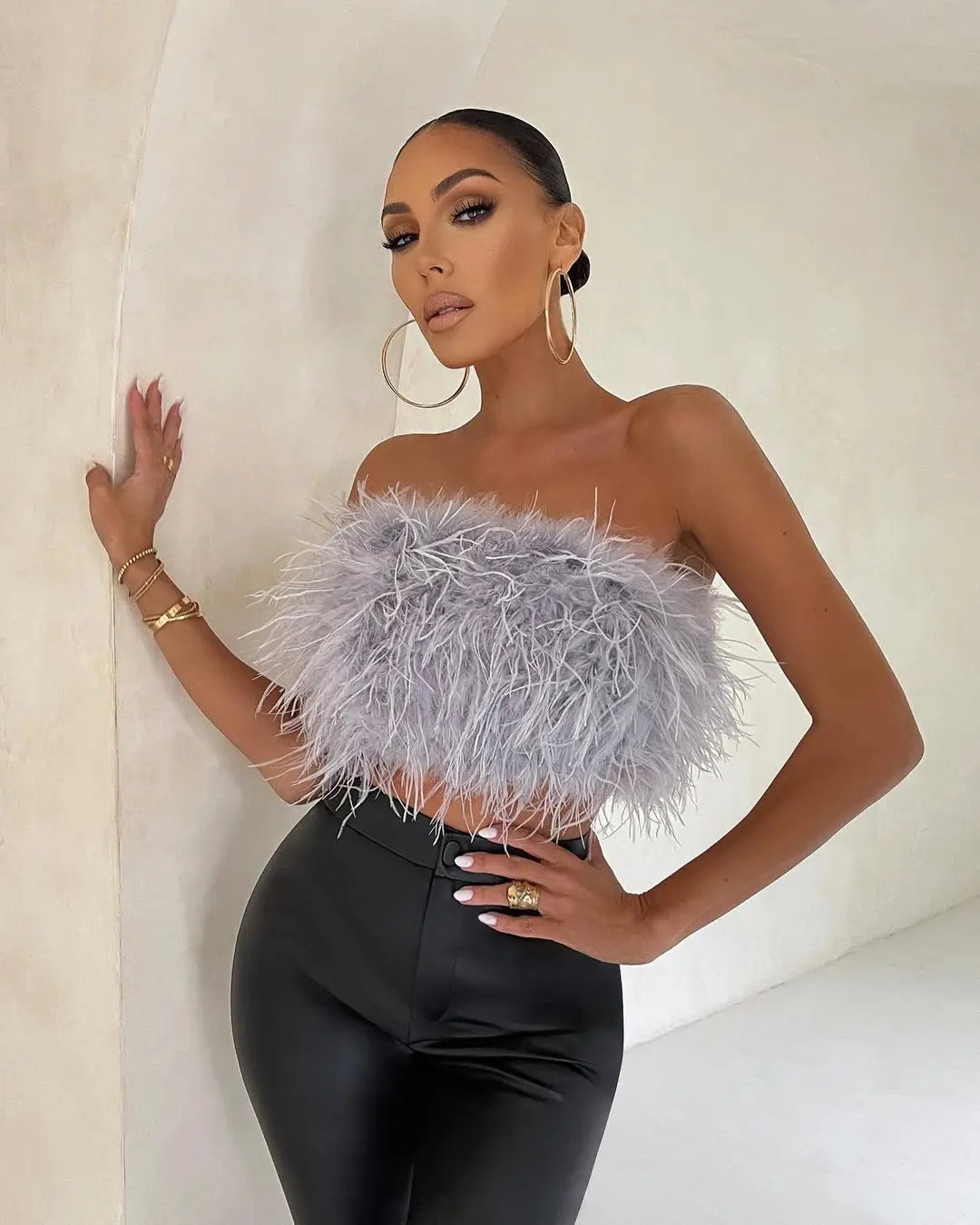 Solid Puffy Fuax Fur Strapless Crop Tops Women Fashion Sexy Furry Chest Wrapped Backless Tube Party Clubwear Vests Streetwear