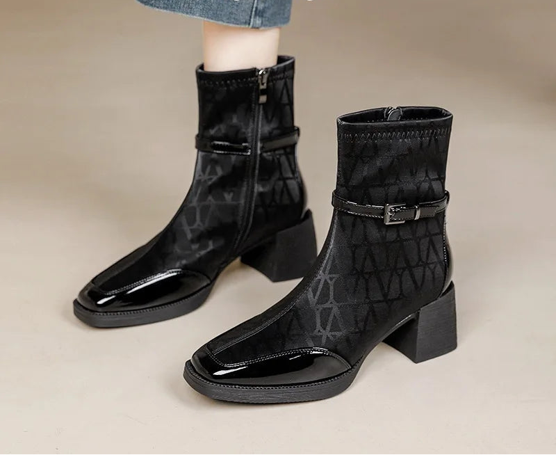 Women's Side Zipper Boot High Heel Short Boot Winter Mid-Calf Boot Chinese Style National Wedding Boot