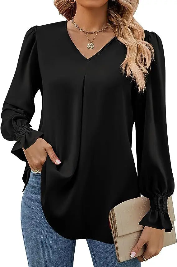 Fashion Simple Solid Color Pullover Shirt Women Loose V-neck Flared Sleeve Shirts Top Female Elegant Commuting Clothing