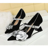 Metal Wedges 6 cm Women Pumps Flower Design High Heels Suede Sexy Party Shoes Buckle Ladies Shoes Women Wedges