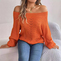 Casual Fashion Solid Color Hollow Out Sweater Off Shoulder Lantern Sleeve Knitted Pullover Women Clothes