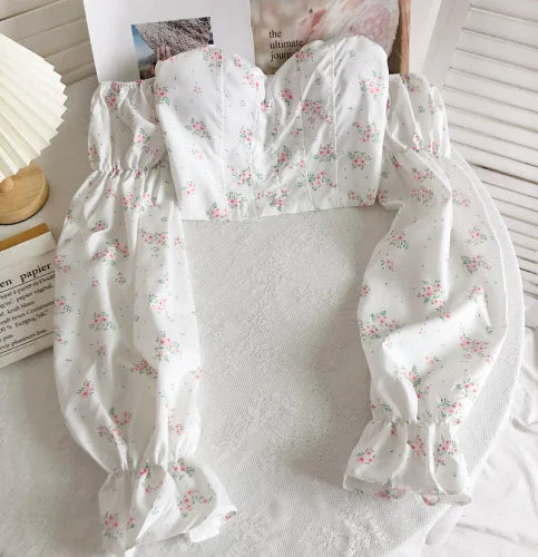 Chic Crop Tops Blouses Women Sexy Lady Slash Neck Flare Sleeve Floral Sweet Long Sleeve Crop top Shirts