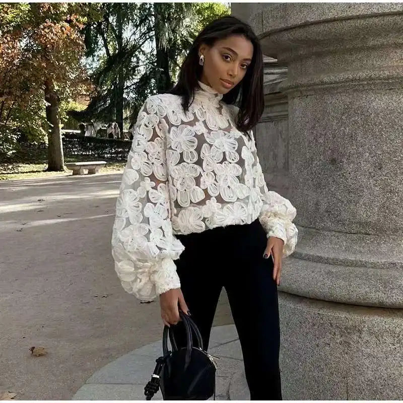Luxury Fashion Jacquard See-through Shirts Women 3D Flower Long Sleeve Blouse Patchwork Tops Loose Design Lady Outerwear