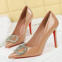 Banquet Pointed High Heels, Shallow Metal Rhinestone Thin Heel Patent Leather High Heels