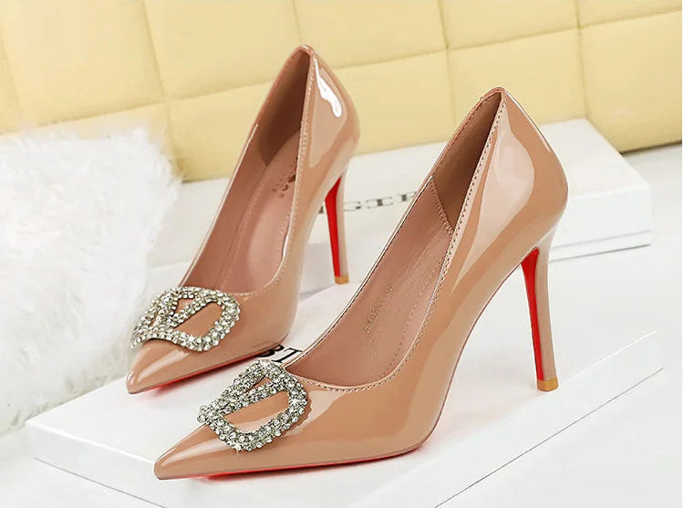Banquet Pointed High Heels, Shallow Metal Rhinestone Thin Heel Patent Leather High Heels