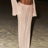 Sexy Knit V-neck Long Sleeve Lace-up Top Beach Half Skirt Two-piece  Summer Women's Casual Outfit Swimsuit Cover Up Set