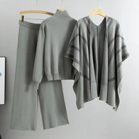 2025 Casual Suit Women's Autumn and Winter New Temperament Lazy Wind Knitted Sweater Shawl Cape Wide-leg Pants Three-piece Set Natalia Home Fashion    Natalia Home Fashion