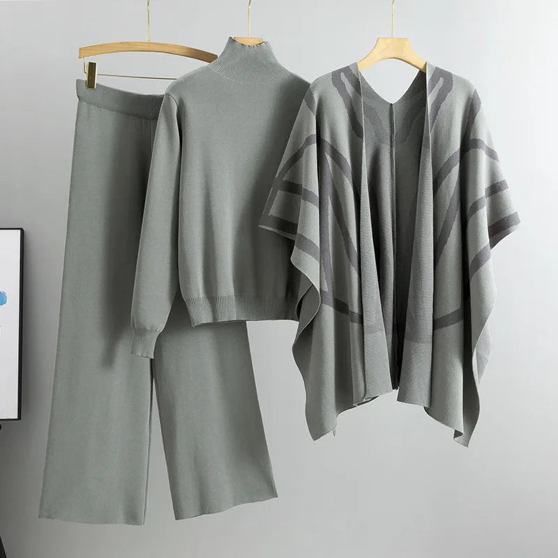 2025 Casual Suit Women's Autumn and Winter New Temperament Lazy Wind Knitted Sweater Shawl Cape Wide-leg Pants Three-piece Set Natalia Home Fashion    Natalia Home Fashion