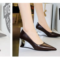 Spring Fashion Pointed Toe Pumps Woman Metal Decoration Wedges Heels Elegant Ladies Shoes