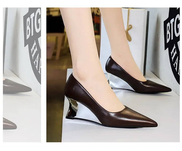 Spring Fashion Pointed Toe Pumps Woman Metal Decoration Wedges Heels Elegant Ladies Shoes