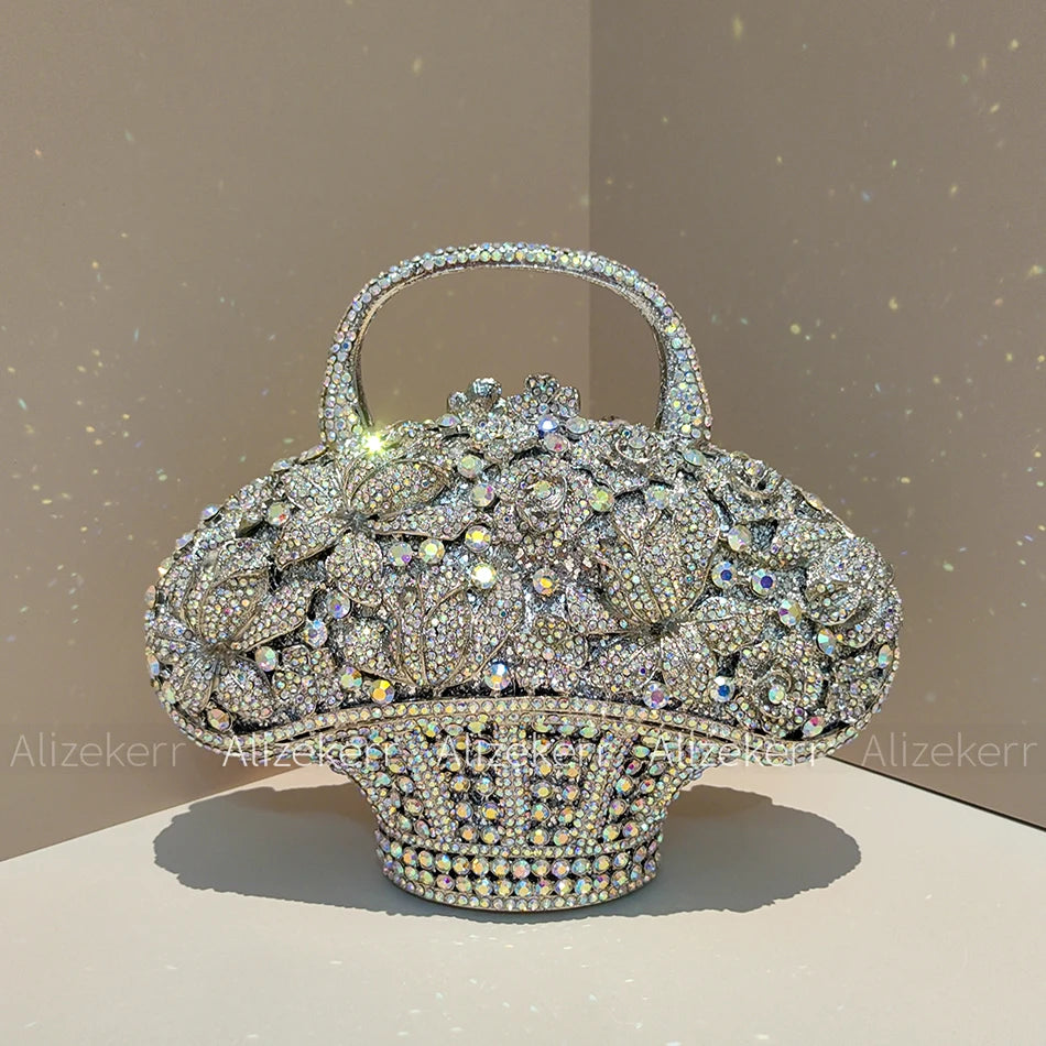 Flower Basket Crystal Evening Bags Women Luxury Designer Elegant Bling Rhinestone Metallic Clutch Purses Wedding Party