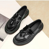 British Style Loafers Casual Round Toe Tassel Women's Leather Low Top Shoes Fashionable Slip-On Shoes