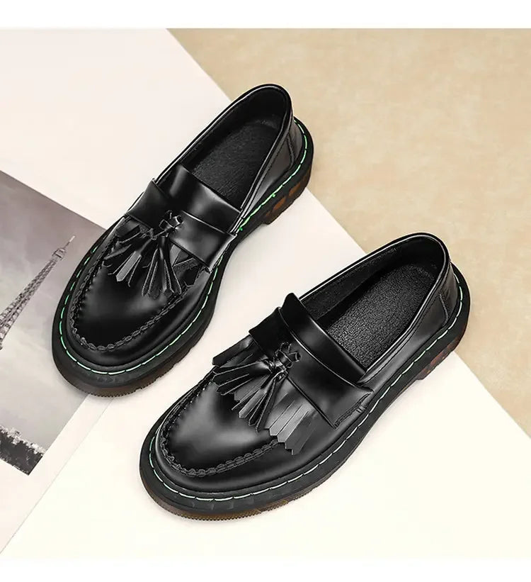 British Style Loafers Casual Round Toe Tassel Women's Leather Low Top Shoes Fashionable Slip-On Shoes