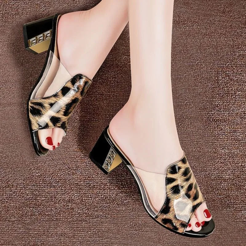 Trendy Versatile Sandals PU Material Leopard Print Women's Thick Heel Slippers for External Wear - Natalia Home Fashionsandals