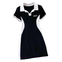 Women Polo Collar Dress Elegant Color block Short Sleeve Bodycon Midi Dress Casual Slim Fit T Shirt Dresses for Women