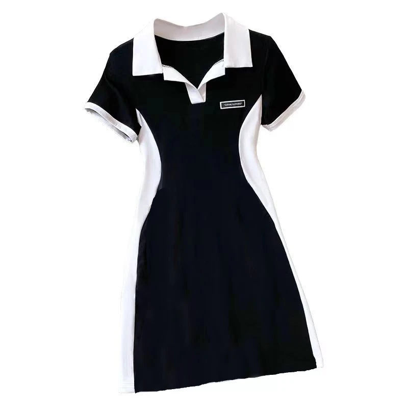 Women Polo Collar Dress Elegant Color block Short Sleeve Bodycon Midi Dress Casual Slim Fit T Shirt Dresses for Women