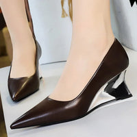 Spring Fashion Pointed Toe Pumps Woman Metal Decoration Wedges Heels Elegant Ladies Shoes