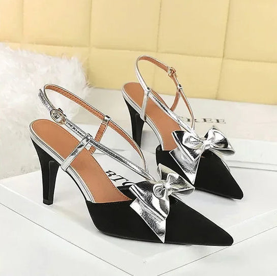 French Style Velvet Pointed Toe High Heels Hollow out Embroidery Butterfly Knot Party Shoes Women's Low Heel Single Shoes