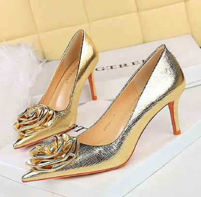 Patent Leather Flowers Women Pumps Sexy Pointed Toe Thin Low Heels Wedding Elegant Party Shoes Natalia Home Fashion   Gold-7CM-34 Natalia Home Fashion