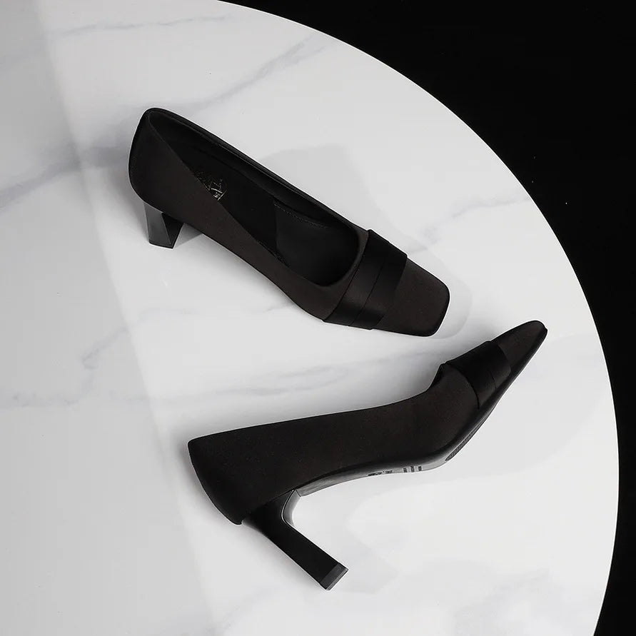 Elegant Satin High Heels Square Toe Slip-On Chunky Heel Comfortable Women's Shoes for Party Fashion Footwear Summer Autumn