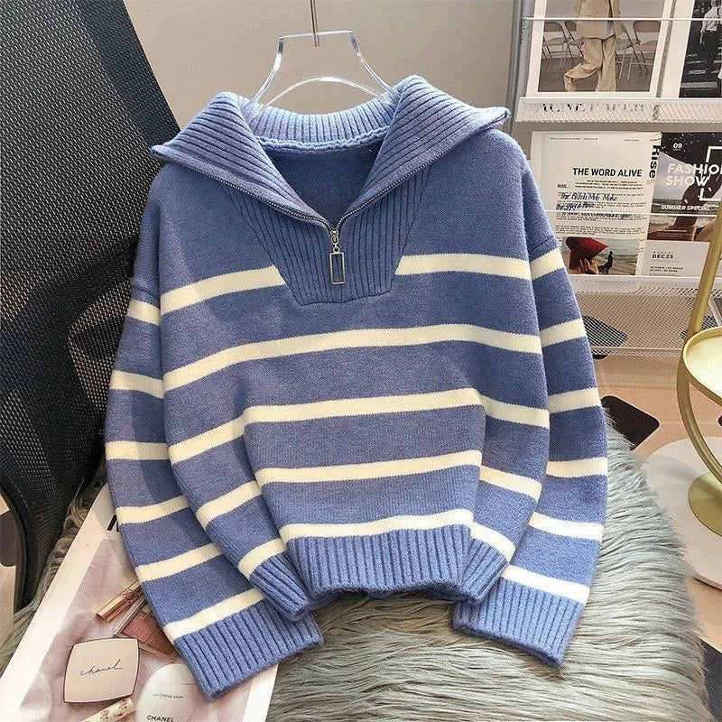 Women's Sweater Interior Short Style Popular High End Fashion Zipper Striped Hoodie Collar Natalia Home Fashion    Natalia Home Fashion