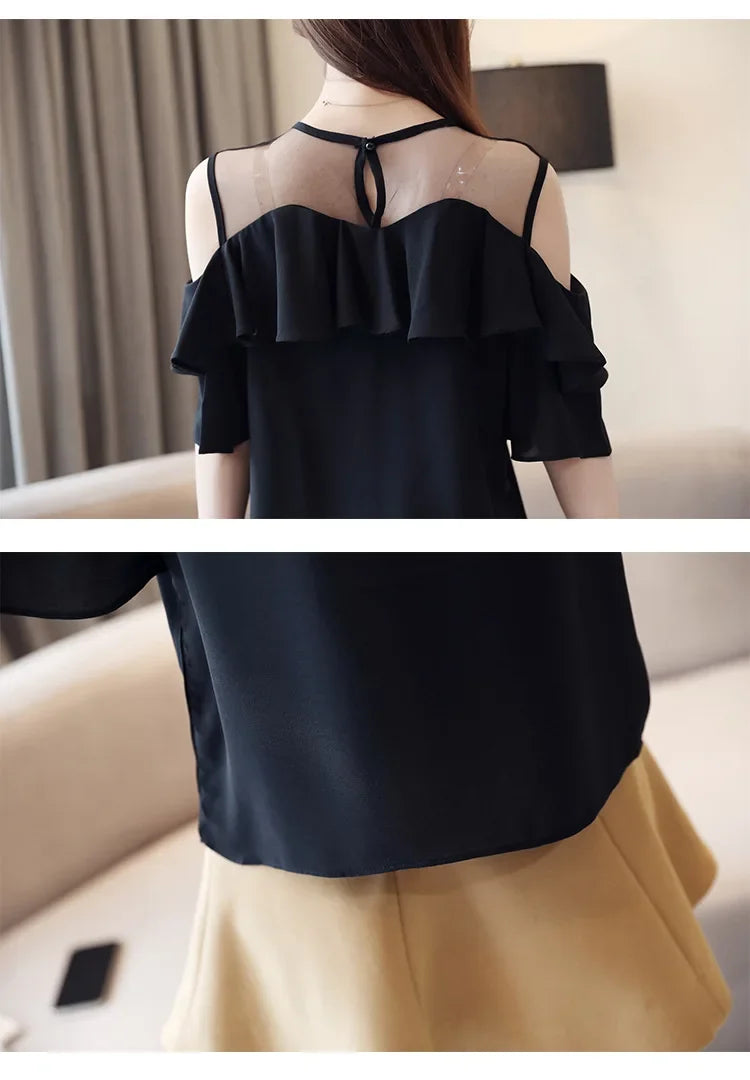 Loose Women's Chiffon Shirt round Neck Pure Color Mesh Five Sleeve Transparent Top Fashionable Small Shirt