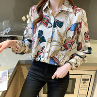Fashion chain print ladies shirts Spring Women Blouses Long Sleeve Shirts Tops