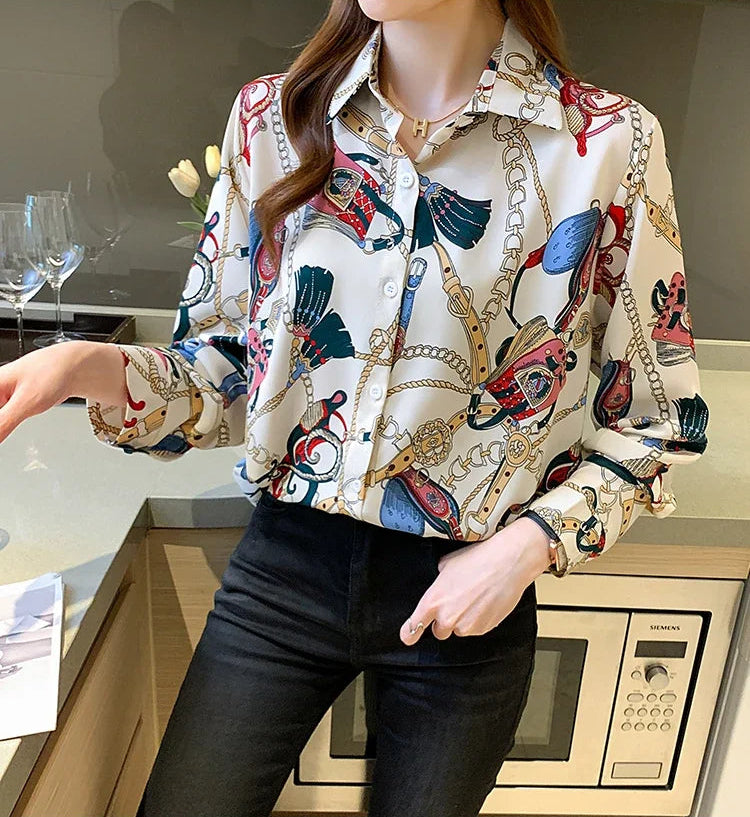 Fashion chain print ladies shirts Spring Women Blouses Long Sleeve Shirts Tops