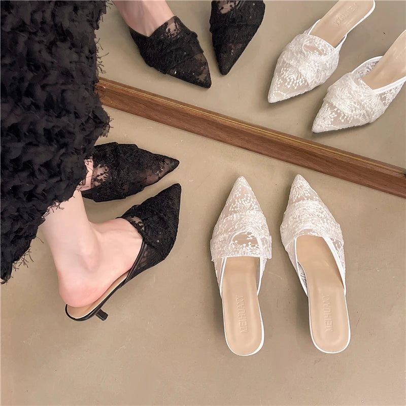 French-style Lace Toe Half-toe Sandals for Women Worn on Top with A Pair of Mesh Tulle High-heeled Slippers - Natalia Home Fashion