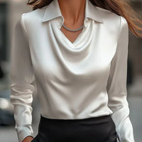 Elegant Simple Shirt Collar Women's Top Independent Polyester Lycra Blend Long Sleeve