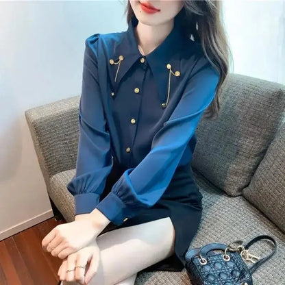 Early Pure Color Long Sleeve Polo Collar Women's Shirt Inner Wear French Style Elegant